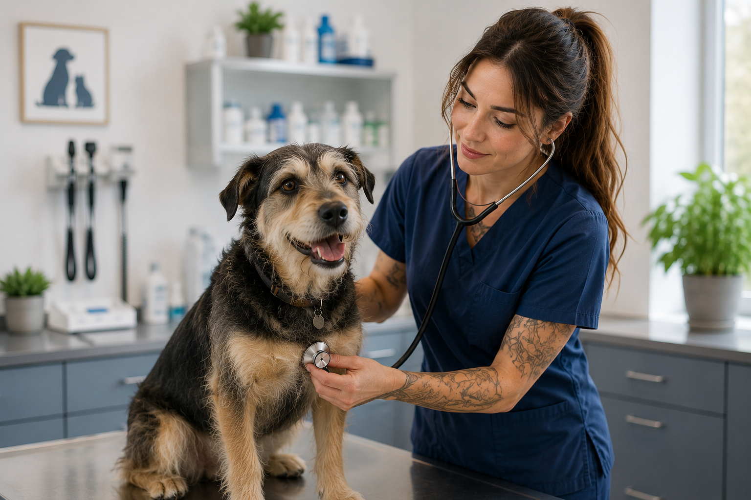 Veterinarian with a mixed-breed dog in a bright veterinary clinic.